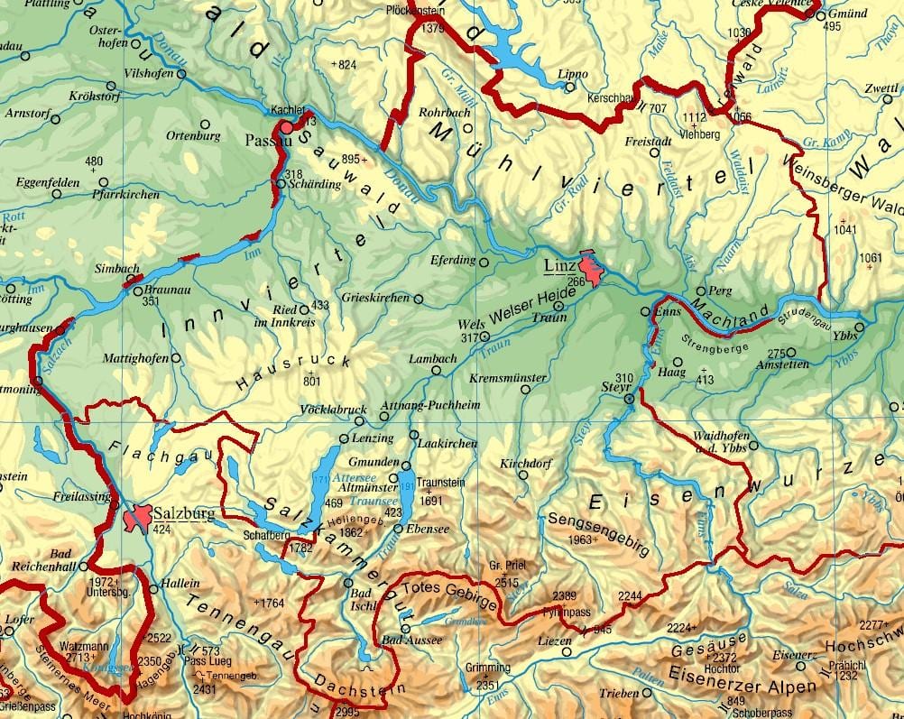 नक्शे के ऊपरी ऑस्ट्रिया