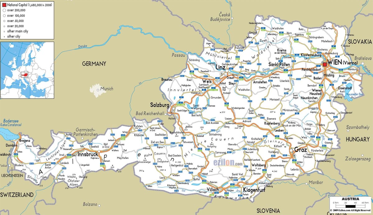 नक्शे के ऑस्ट्रिया के मार्ग