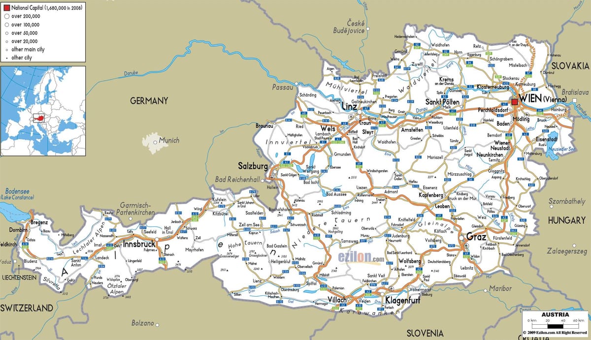 के विस्तृत नक्शे के साथ ऑस्ट्रिया के शहरों में
