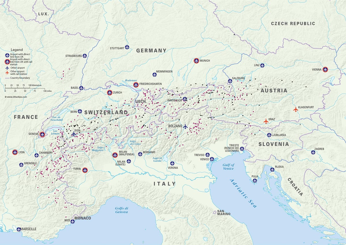 नक्शा ऑस्ट्रिया के स्की रिसॉर्ट हवाई अड्डों